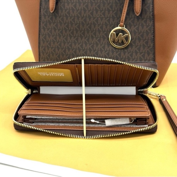 Michael Kors Large Charlotte Tote Bag & Continental Wallet Luggage Brown - Picture 12 of 13